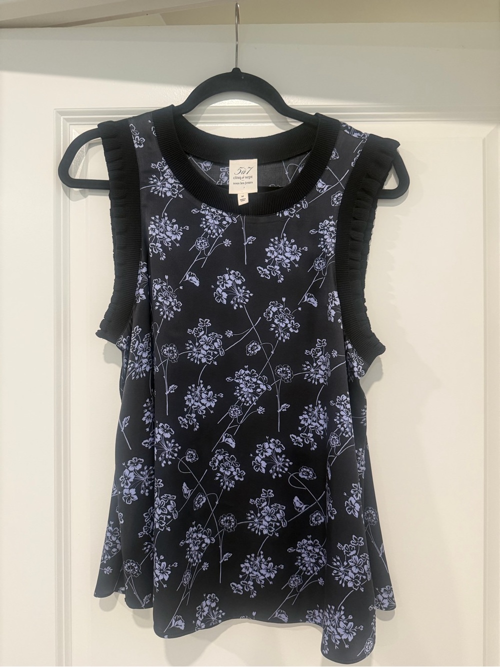Cinq a Sept Black Floral Sleeveless Ruffle-Trim Top